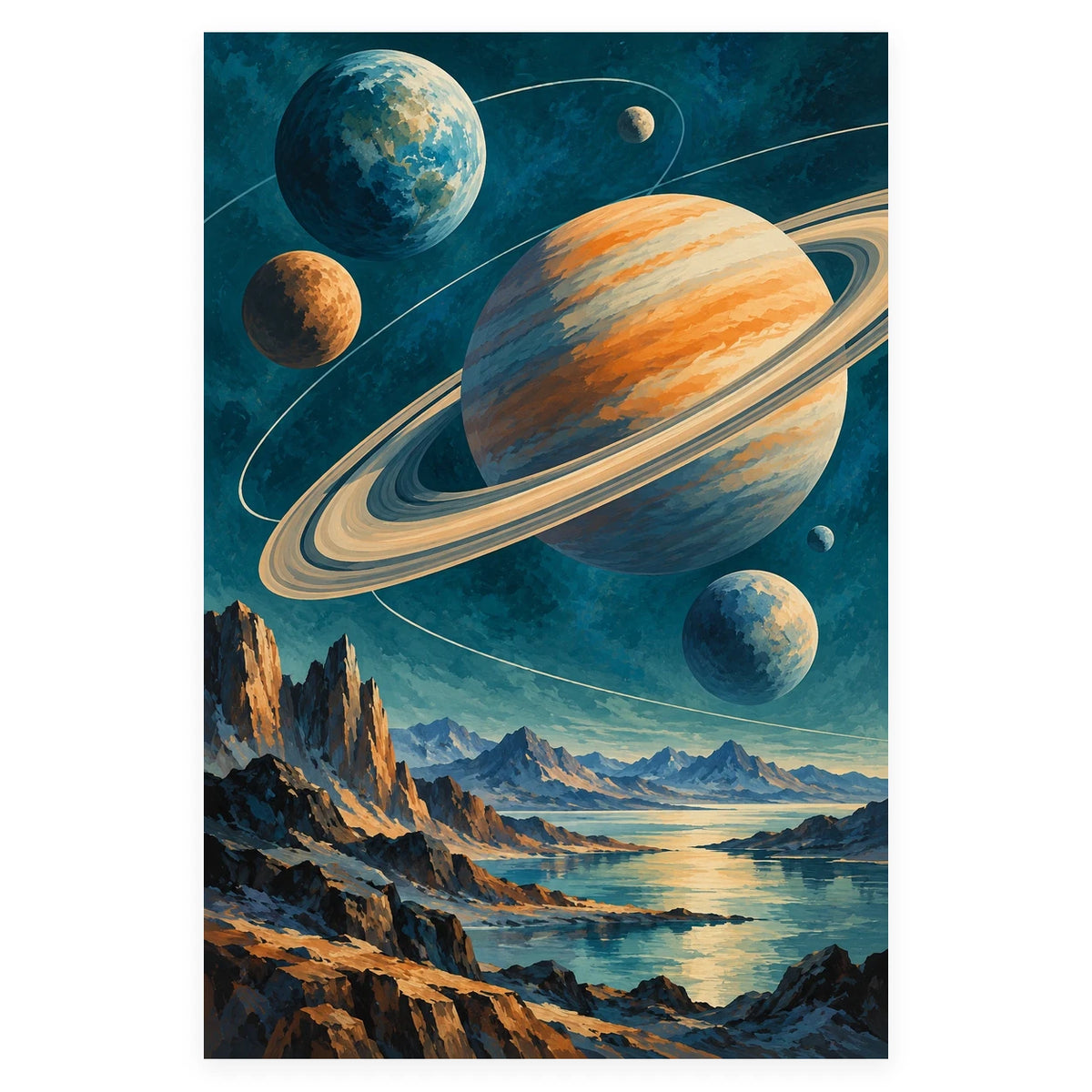 Complete original Midcentury Orbiting Planets artwork centered on a white 1:1 background with the original proportions preserved.