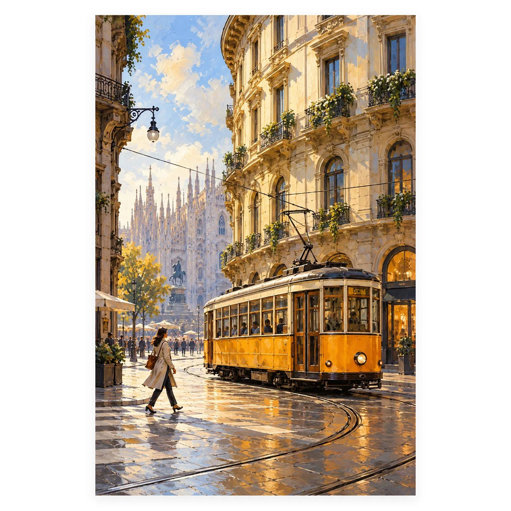 Milan Tram Corner Evening completed artwork on a clean white background