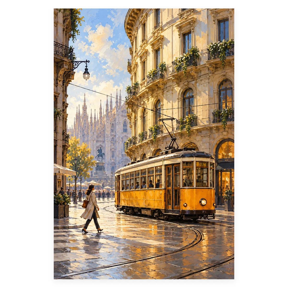 Milan Tram Corner Evening completed artwork on a clean white background