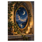 An ornate gold-framed mirror reveals a crescent moon over a blue lake and distant mountains, surrounded by candles and ivy. Complete original artwork centered on a white square with original proportions preserved.