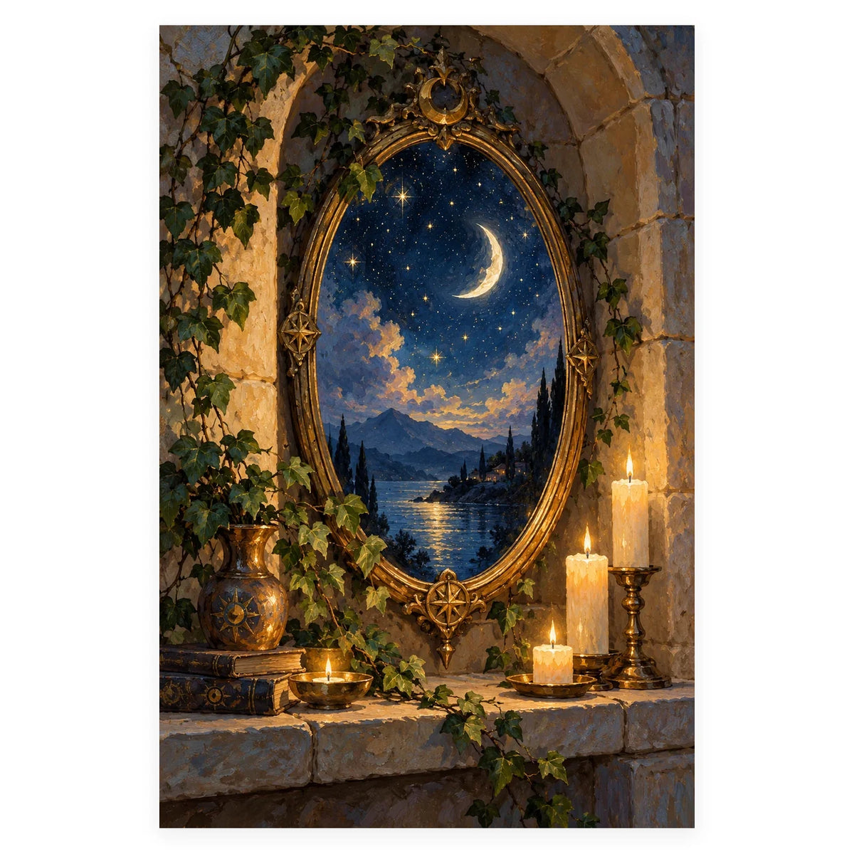 An ornate gold-framed mirror reveals a crescent moon over a blue lake and distant mountains, surrounded by candles and ivy. Complete original artwork centered on a white square with original proportions preserved.