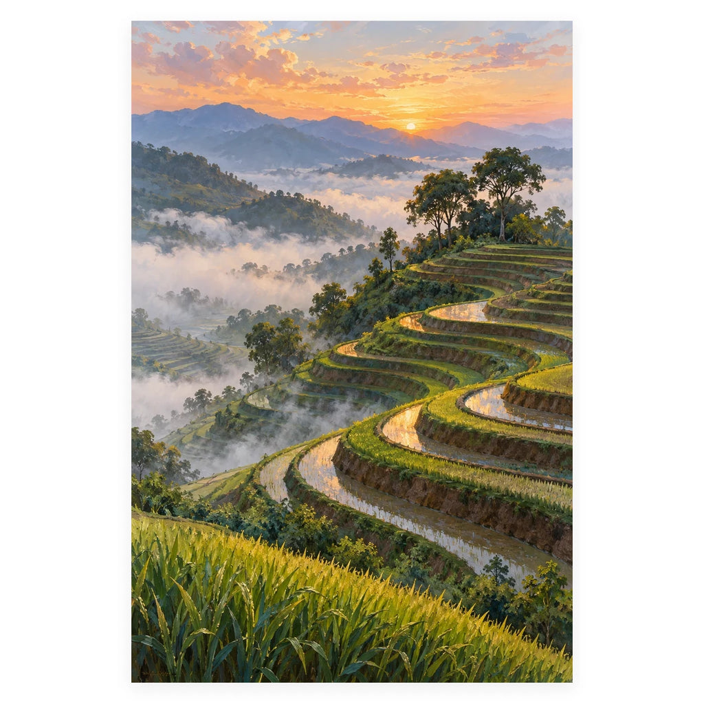 Mist Over Rice Terraces completed artwork on a clean white background