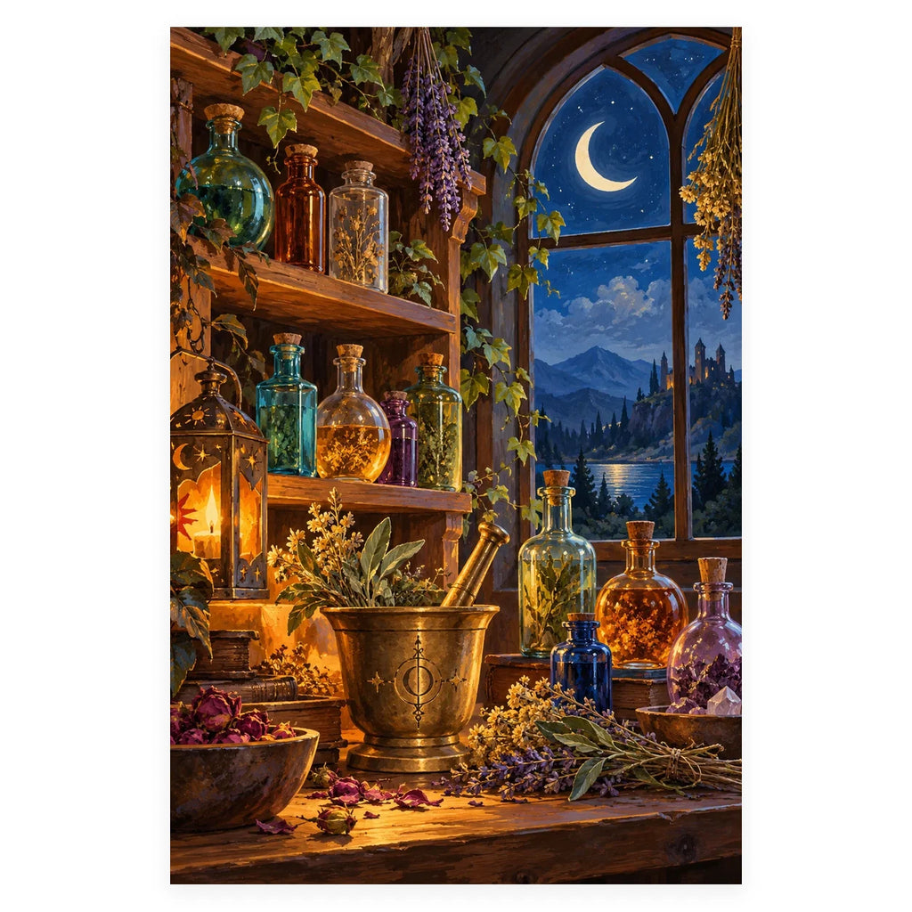 Colorful glass potion bottles and dried herbs line a wooden apothecary shelf beside a crescent moon window and brass mortar. Complete original artwork centered on a white square with original proportions preserved.