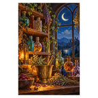 Colorful glass potion bottles and dried herbs line a wooden apothecary shelf beside a crescent moon window and brass mortar. Complete original artwork centered on a white square with original proportions preserved.