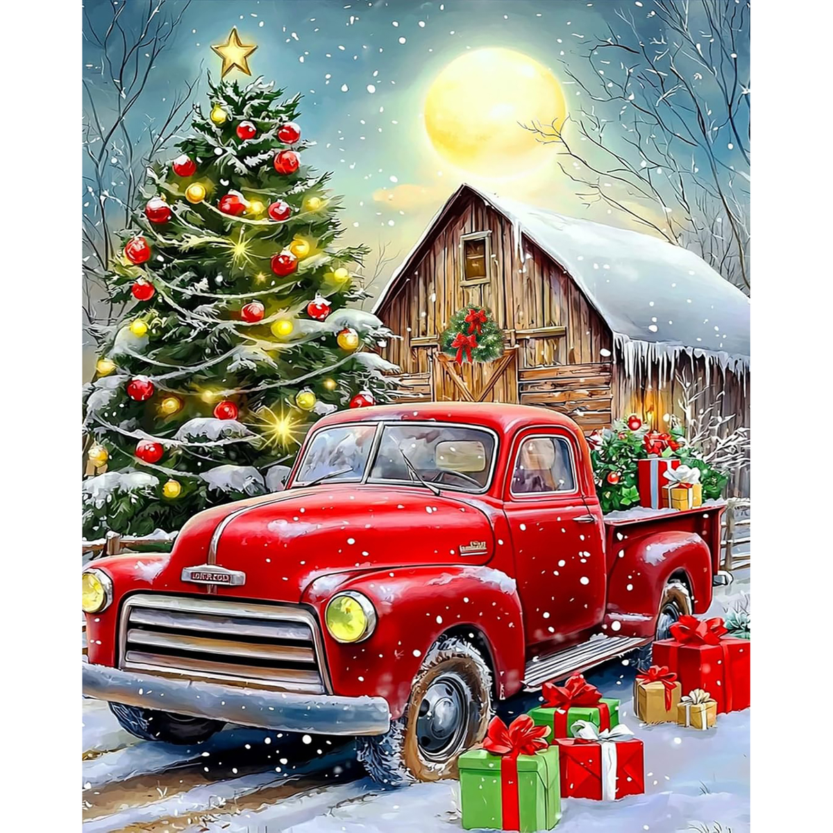 Moonlit Christmas Arrival Red Truck paint by numbers original artwork
