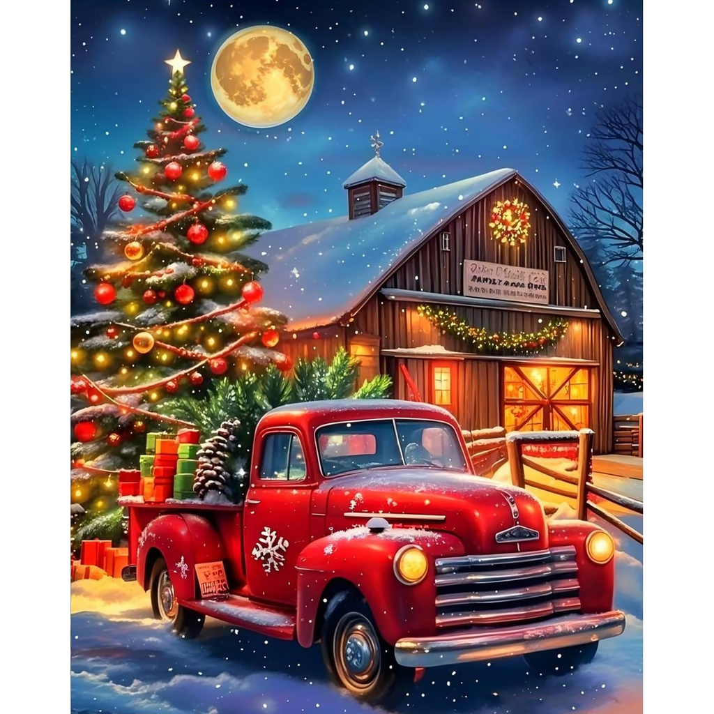 Moonlit Christmas Delivery Red Truck paint by numbers original artwork