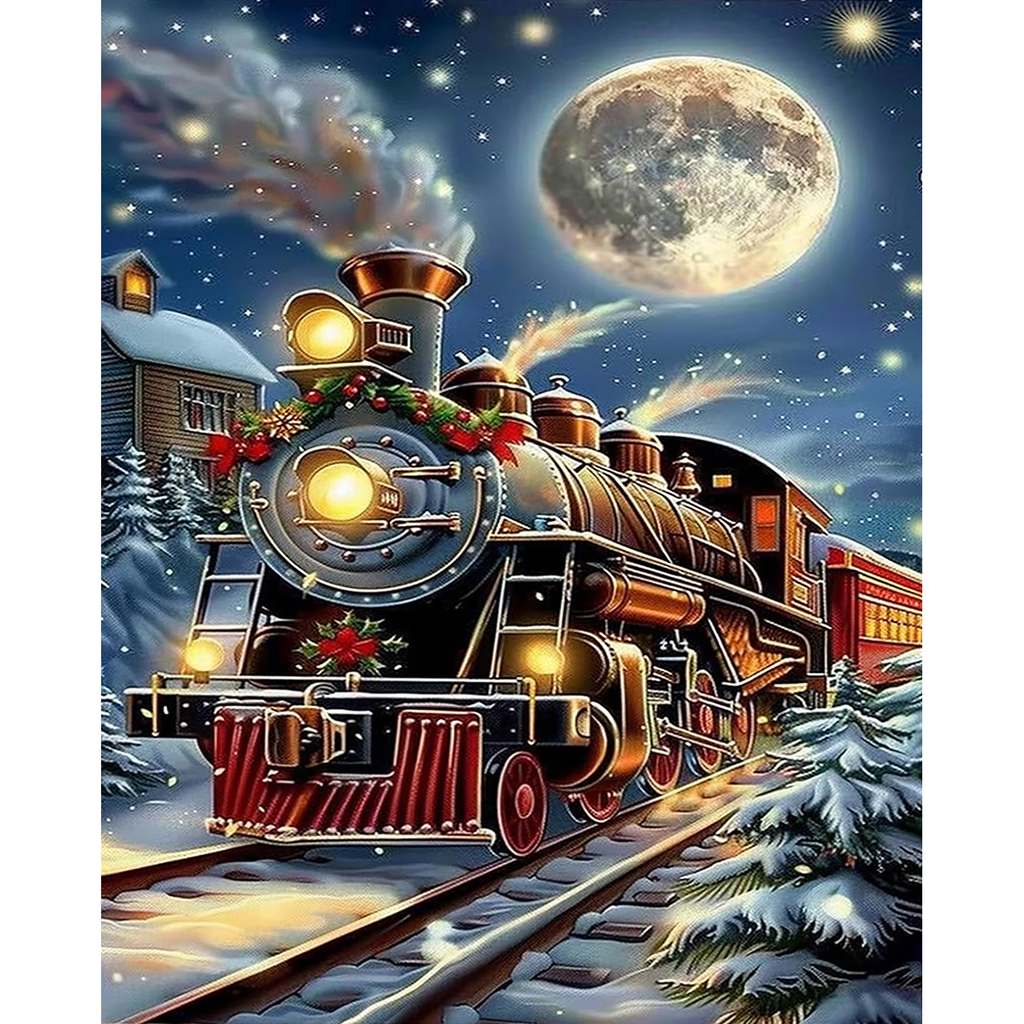 Moonlit Christmas Express Train paint by numbers original artwork