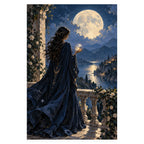 A dark-haired oracle in a flowing navy cloak gazes at a crystal ball on a stone terrace beneath a full moon overlooking a coastal town. Complete original artwork centered on a white square with original proportions preserved.