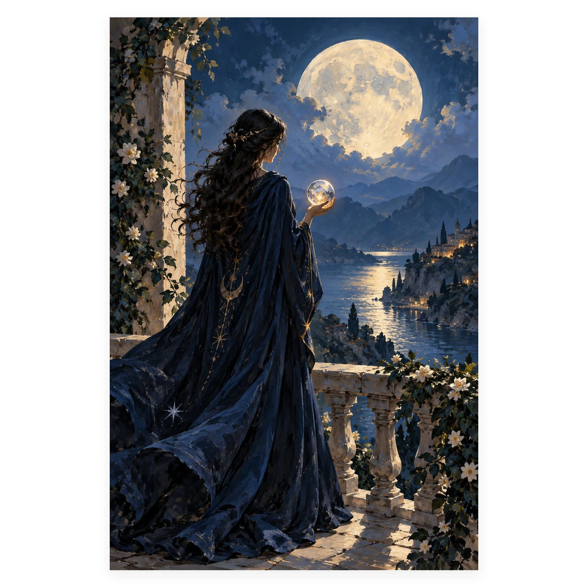 A dark-haired oracle in a flowing navy cloak gazes at a crystal ball on a stone terrace beneath a full moon overlooking a coastal town. Complete original artwork centered on a white square with original proportions preserved.