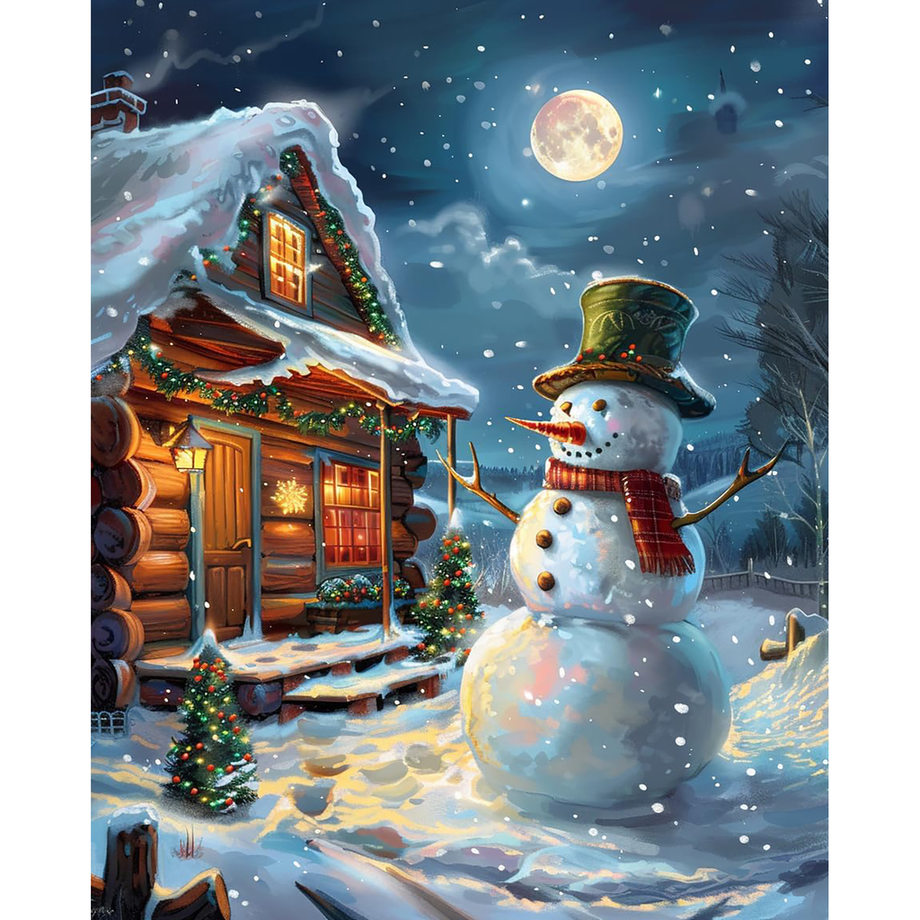 Moonlit Snowman Cabin paint by numbers original artwork