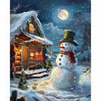 Moonlit Snowman Cabin paint by numbers original artwork