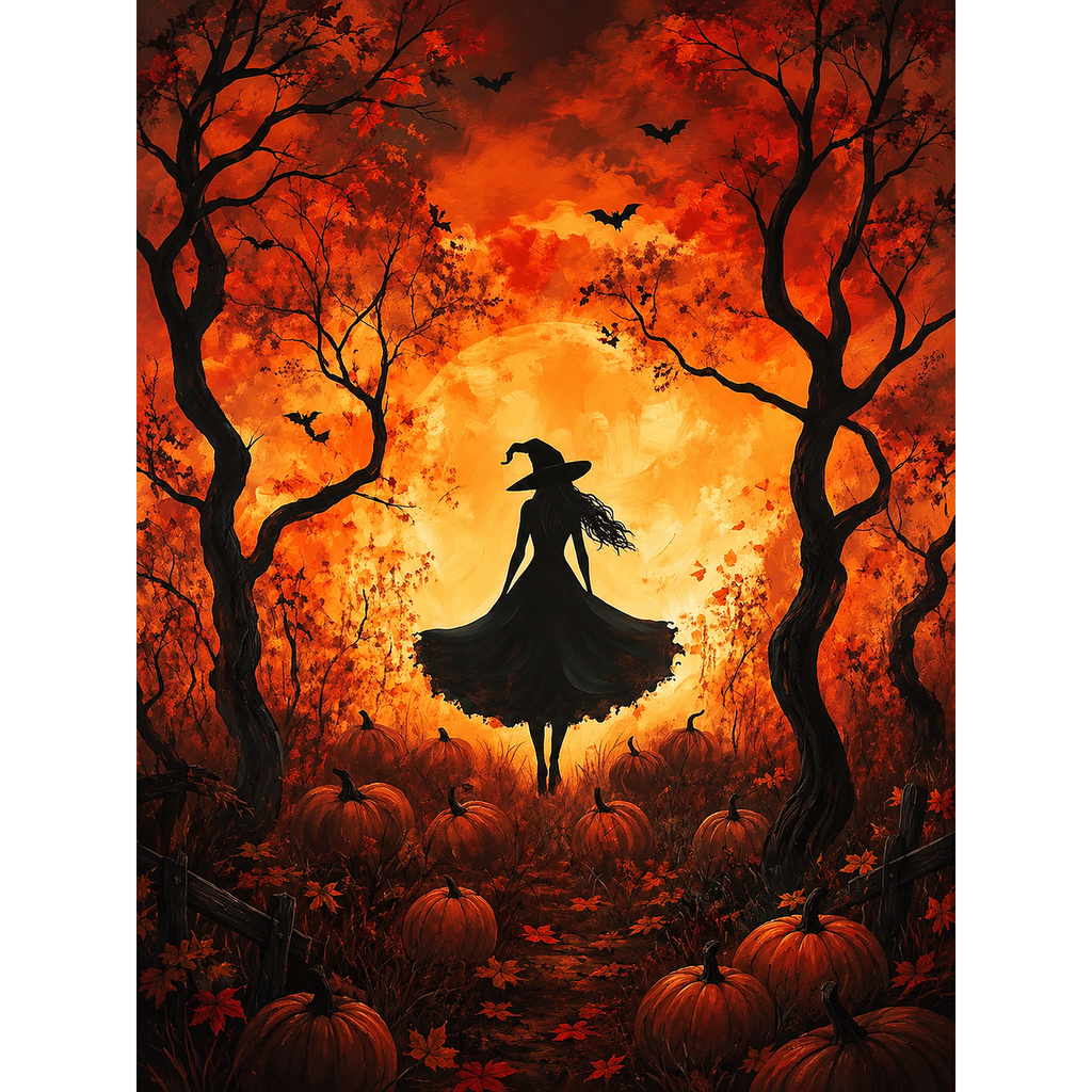 Moonlit Witch Among Pumpkins paint by numbers original artwork