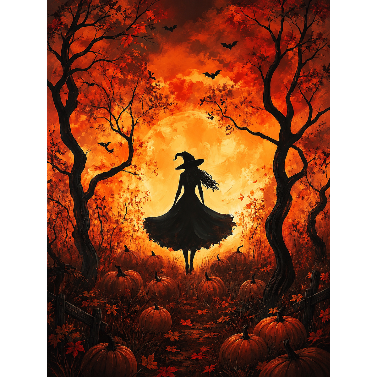 Moonlit Witch Among Pumpkins paint by numbers original artwork