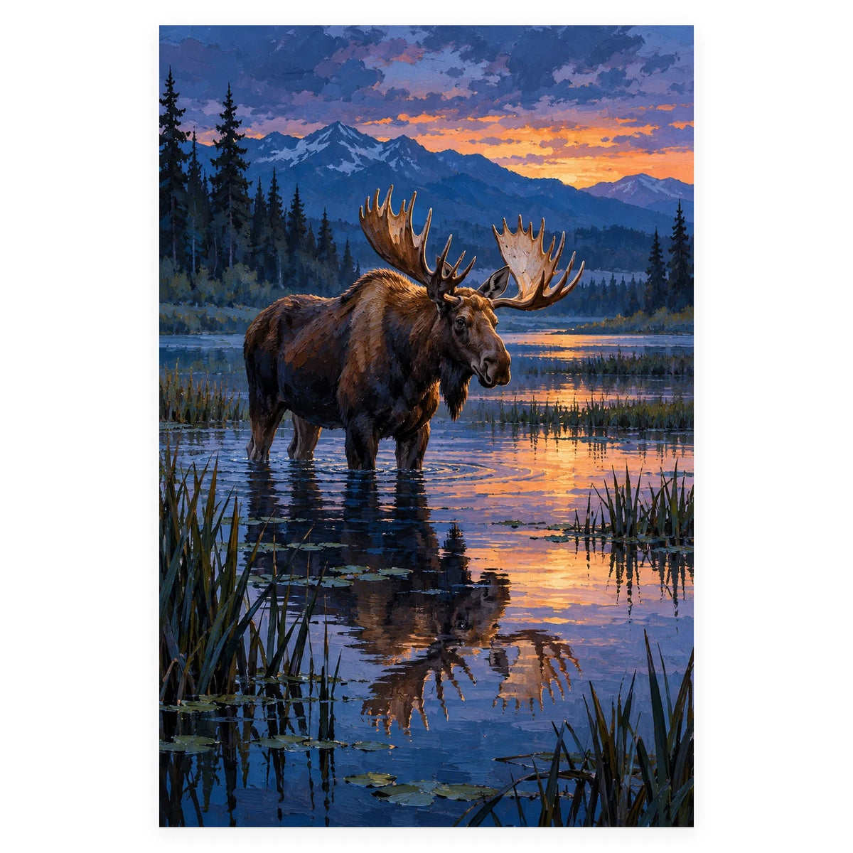 Moose in a Wetland at Blue Hour completed artwork on a clean white background