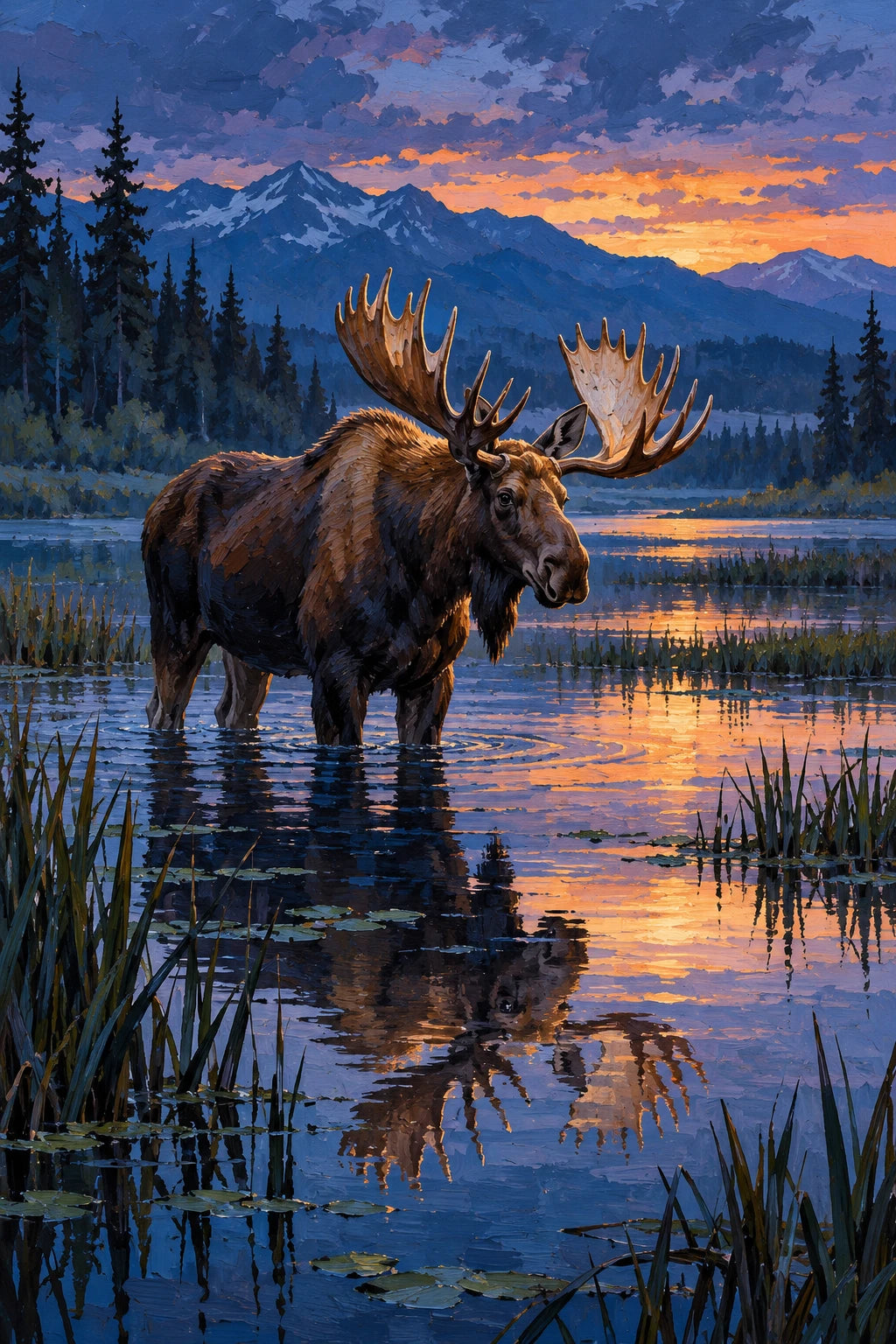 Original Moose in a Wetland at Blue Hour artwork for the paint by numbers kit