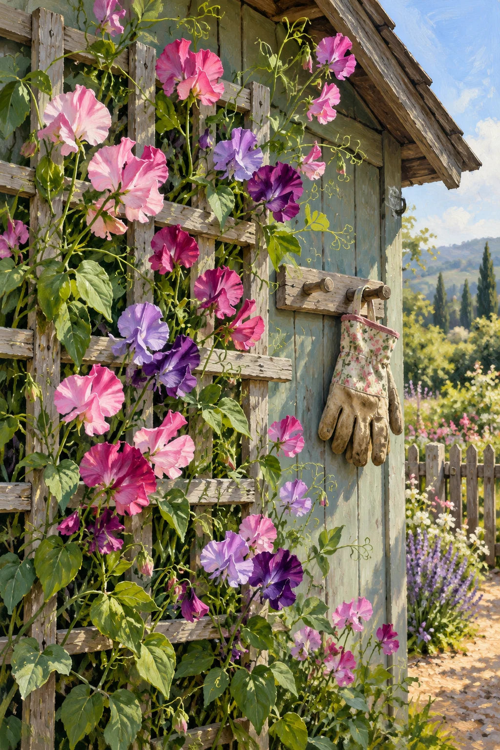 Completed Morning Glories Garden Shed artwork with pink and purple flowers, rustic shed, gloves, and sunlit garden on a clean white background