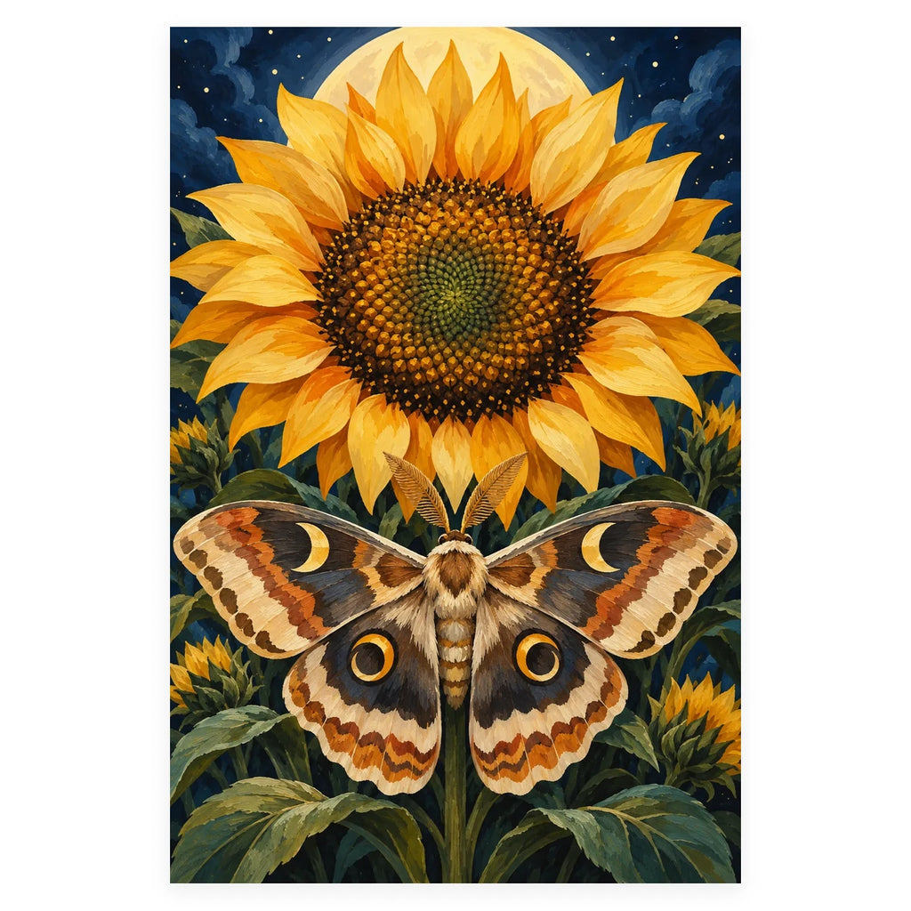 Complete original Moth Oracle Sunflower Disc artwork centered on a white 1:1 background with the original proportions preserved.