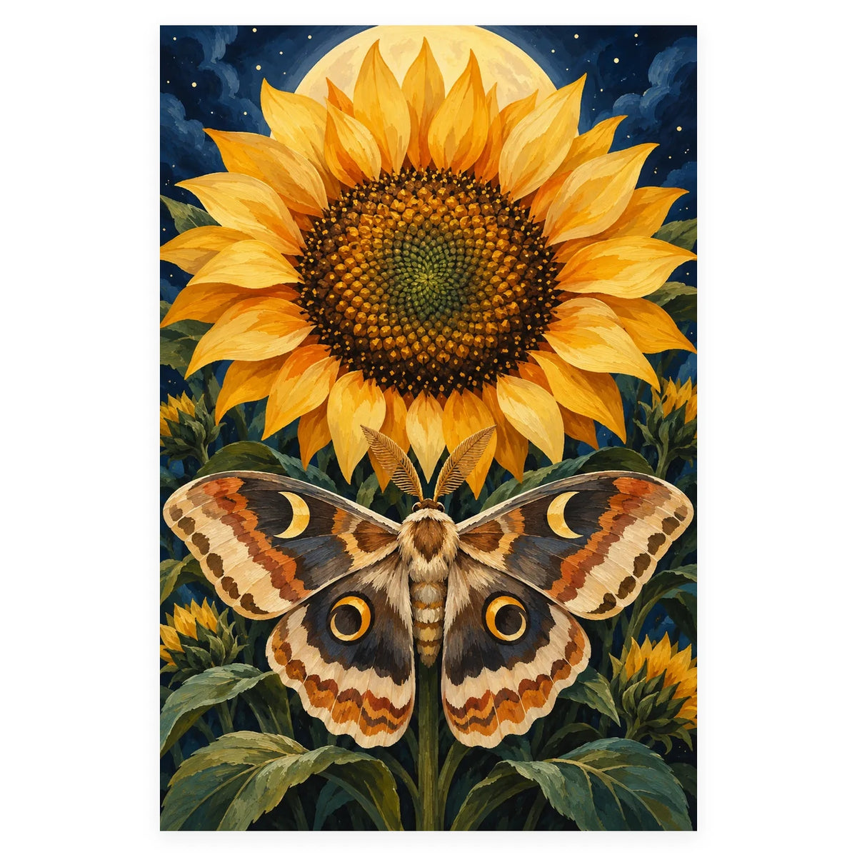 Complete original Moth Oracle Sunflower Disc artwork centered on a white 1:1 background with the original proportions preserved.