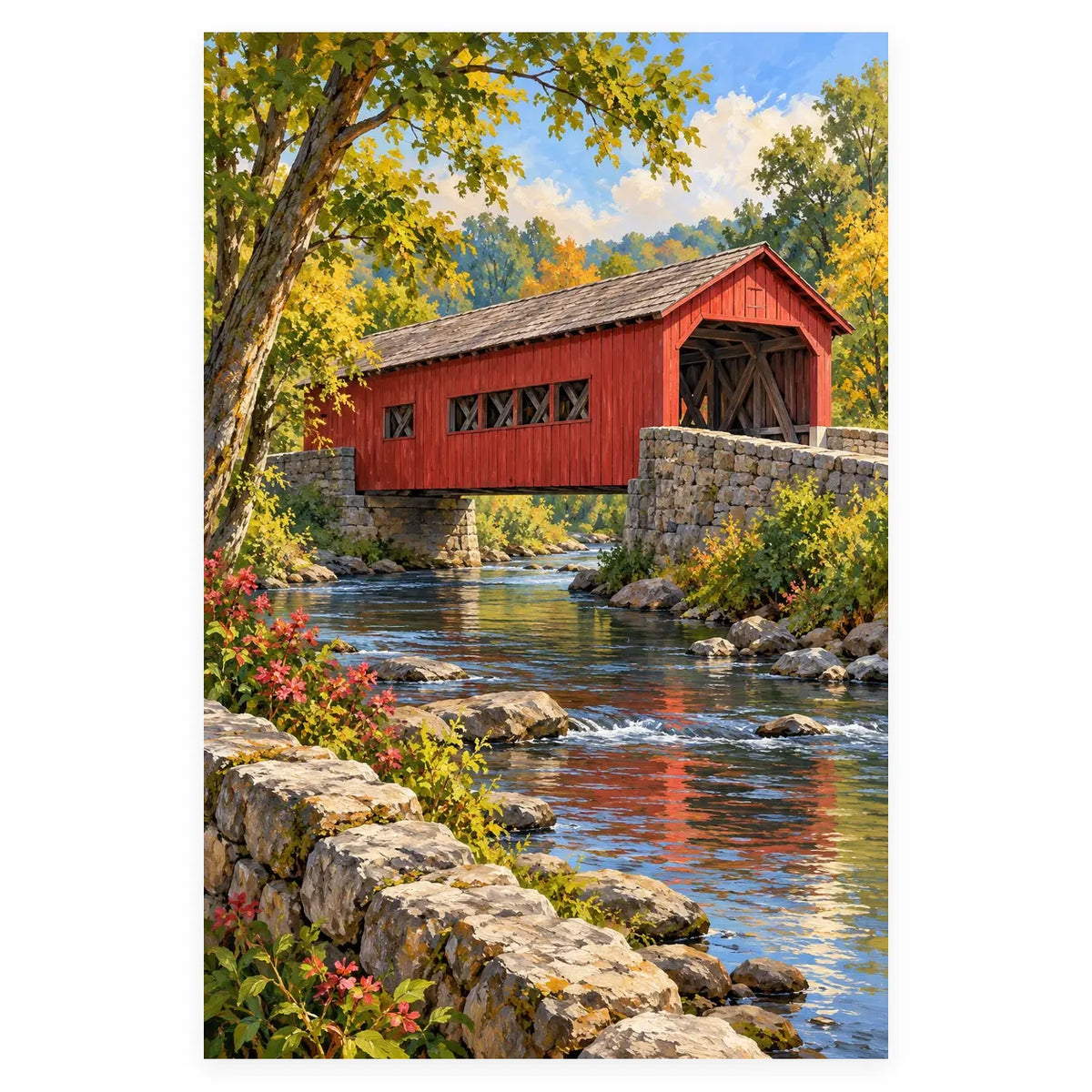 `02-new-england-covered-bridge-original-white-background.webp` — Complete original New England Covered Bridge artwork centered on a white 1:1 background, shown without cropping or stretching.