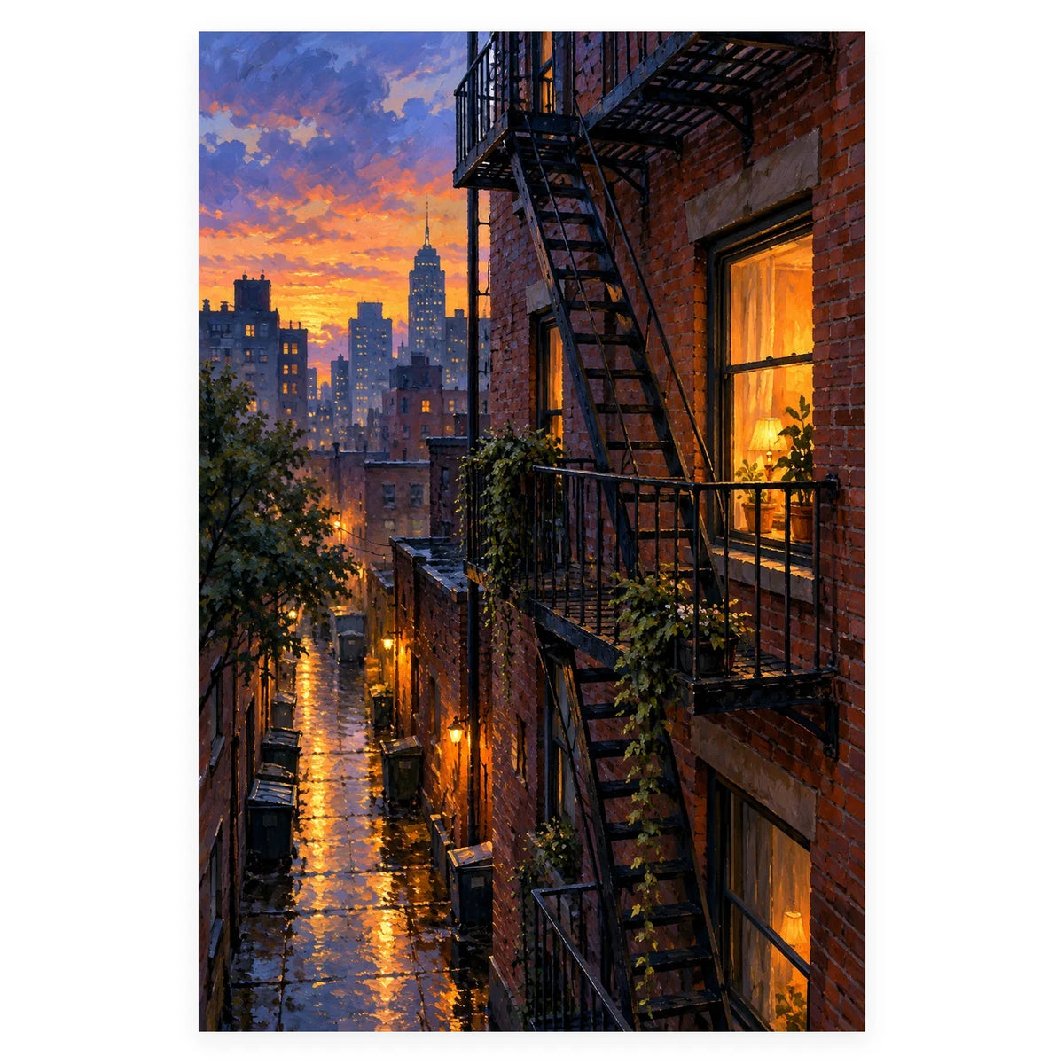 New York Fire Escape Rain completed artwork on a clean white background
