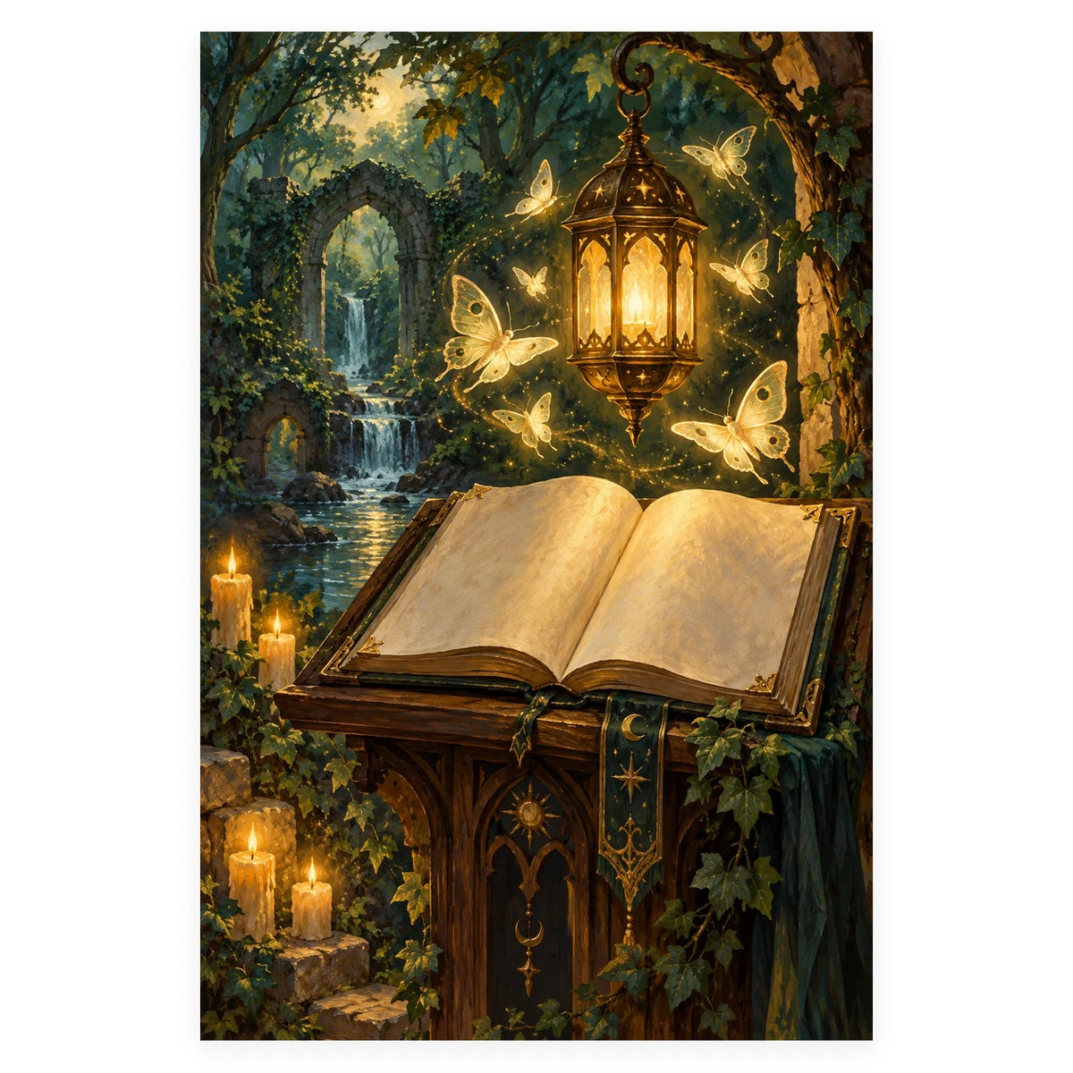 An open spellbook rests beneath a glowing ornate lantern as luminous butterflies drift through a moonlit forest waterfall. Complete original artwork centered on a white square with original proportions preserved.