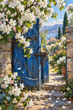 Completed Orchard Blossom Blue Gate artwork on a clean white background