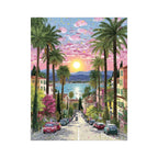 Palm Avenue Sunset by the Sea completed original artwork on a clean white background