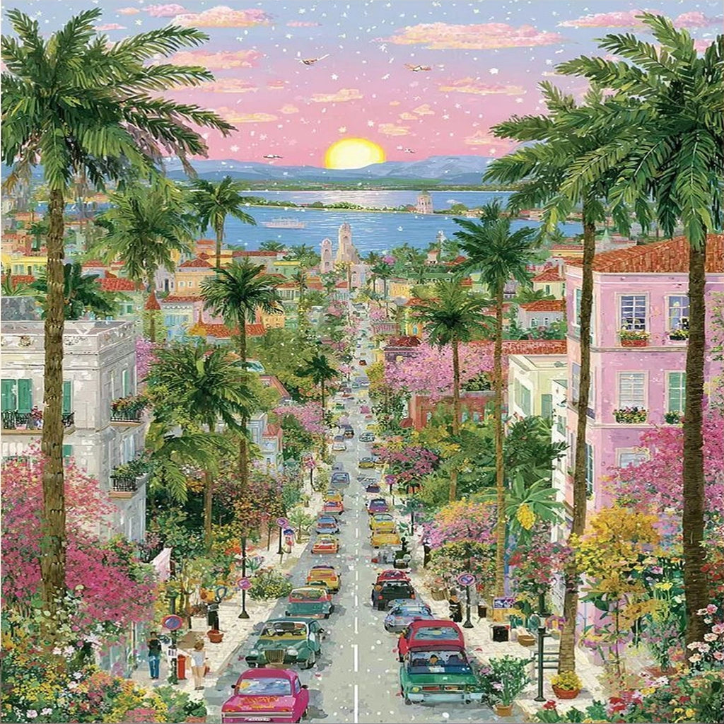 Palm Lined Coastal Town at Sunset completed original artwork on a clean white background
