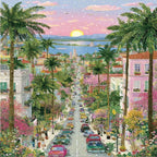 Palm Lined Coastal Town at Sunset completed original artwork on a clean white background