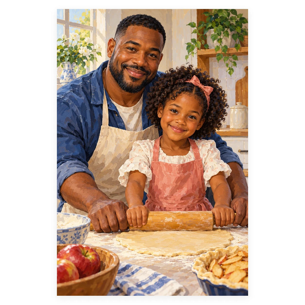 A father and young daughter prepare pastry together at a bright kitchen counter, rolling dough for a pie. Complete original artwork centered on a white square with original proportions preserved.