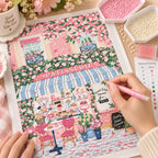 Hand placing resin drills on the floral patisserie canvas, diamond painting kit