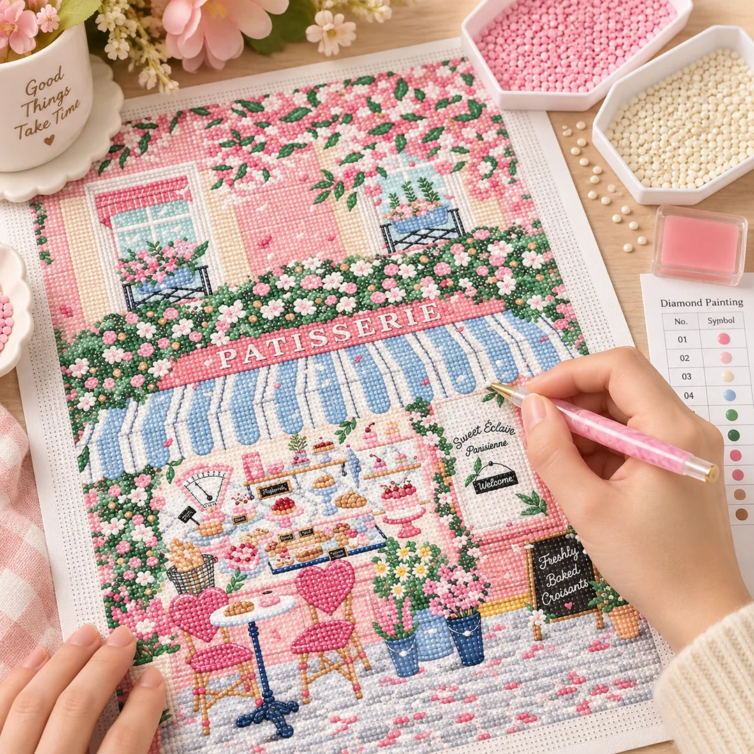 Hand placing resin drills on the floral patisserie canvas, diamond painting kit