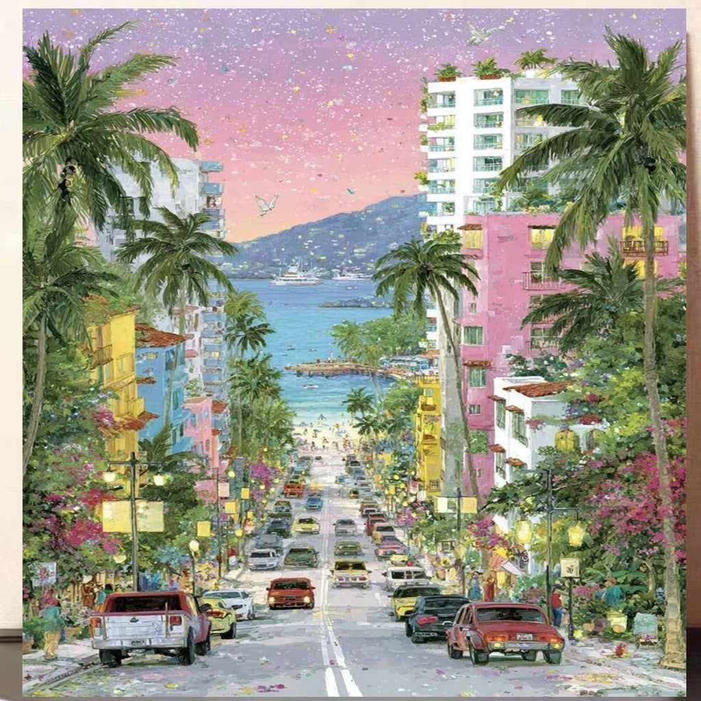 Pastel Seaside Street with Palms completed original artwork on a clean white background