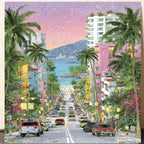 Pastel Seaside Street with Palms completed original artwork on a clean white background