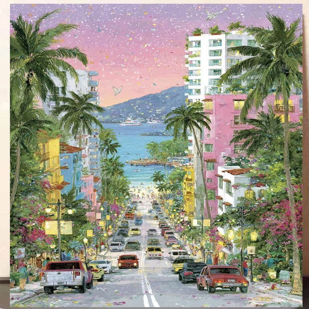 Pastel Seaside Street with Palms completed original artwork on a clean white background