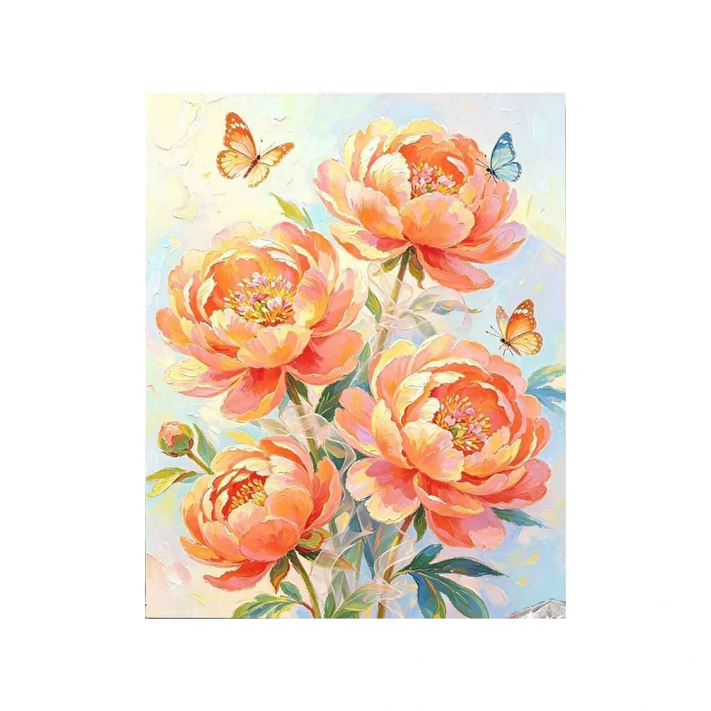 Peach Peonies and Butterflies completed original artwork on a clean white background