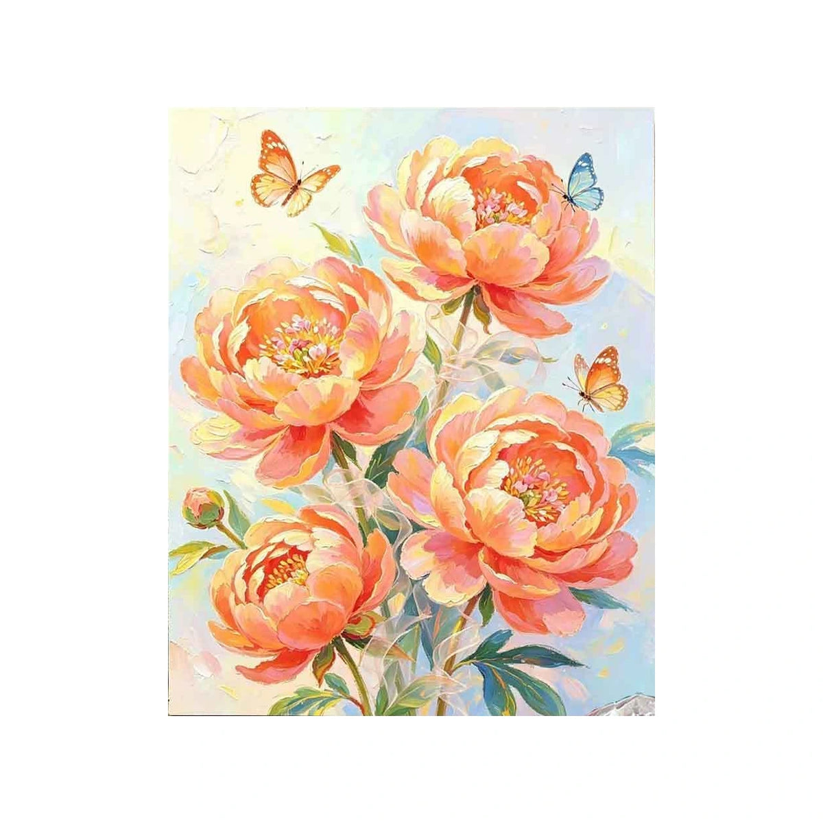 Peach Peonies and Butterflies completed original artwork on a clean white background