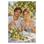 A young man and woman share tea at a blue-and-white table beneath a pear tree laden with fruit in a sunlit garden. Complete original artwork centered on a white square with original proportions preserved.