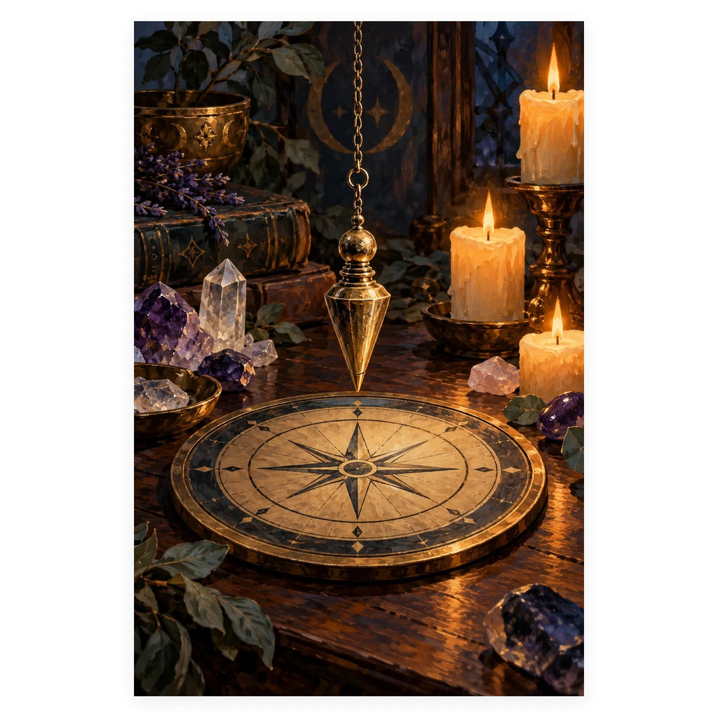 A golden pendulum hangs over a detailed compass rose on a wooden table surrounded by candles, crystals, and herbs. Complete original artwork centered on a white square with original proportions preserved.
