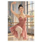 A ballerina in a pink dress practices a graceful pose beside a ballet barre in a softly lit studio. Complete original artwork centered on a white square with original proportions preserved.