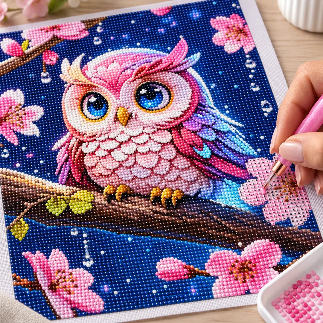 Placing a resin drill on Pink Blossom Owl diamond painting