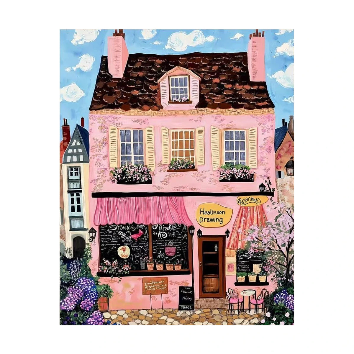 Original Pink European Cafe Cottage Paint by Numbers design displayed on a clean white background
