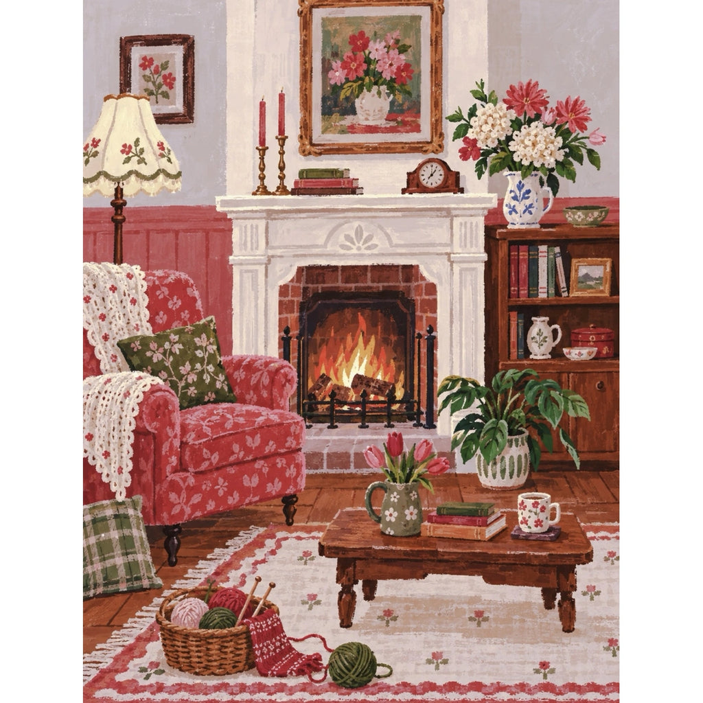 Original Pink Floral Armchair by the Fireplace completed paint by numbers artwork.