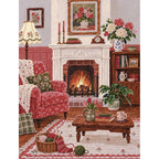 Original Pink Floral Armchair by the Fireplace completed paint by numbers artwork.