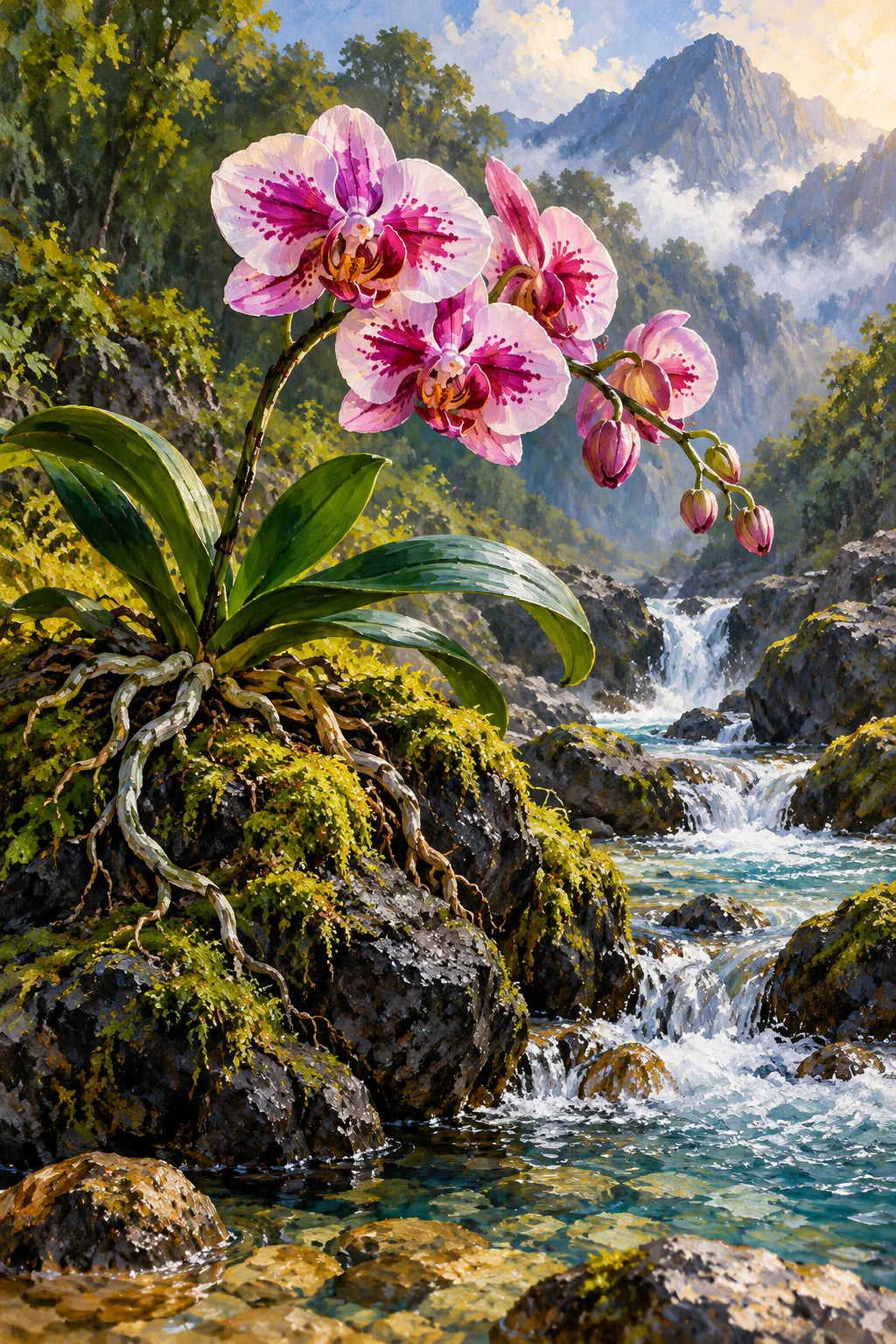 Pink Orchid Rocky Waterfall completed artwork with orchids, rocky cascades, and mountain scenery on a clean white background.