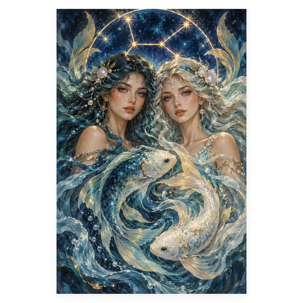 Two elegant Pisces women beneath a golden zodiac arch, with two luminous koi swimming between them. Complete original artwork centered on a white square with original proportions preserved.