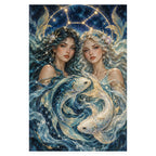 Two elegant Pisces women beneath a golden zodiac arch, with two luminous koi swimming between them. Complete original artwork centered on a white square with original proportions preserved.