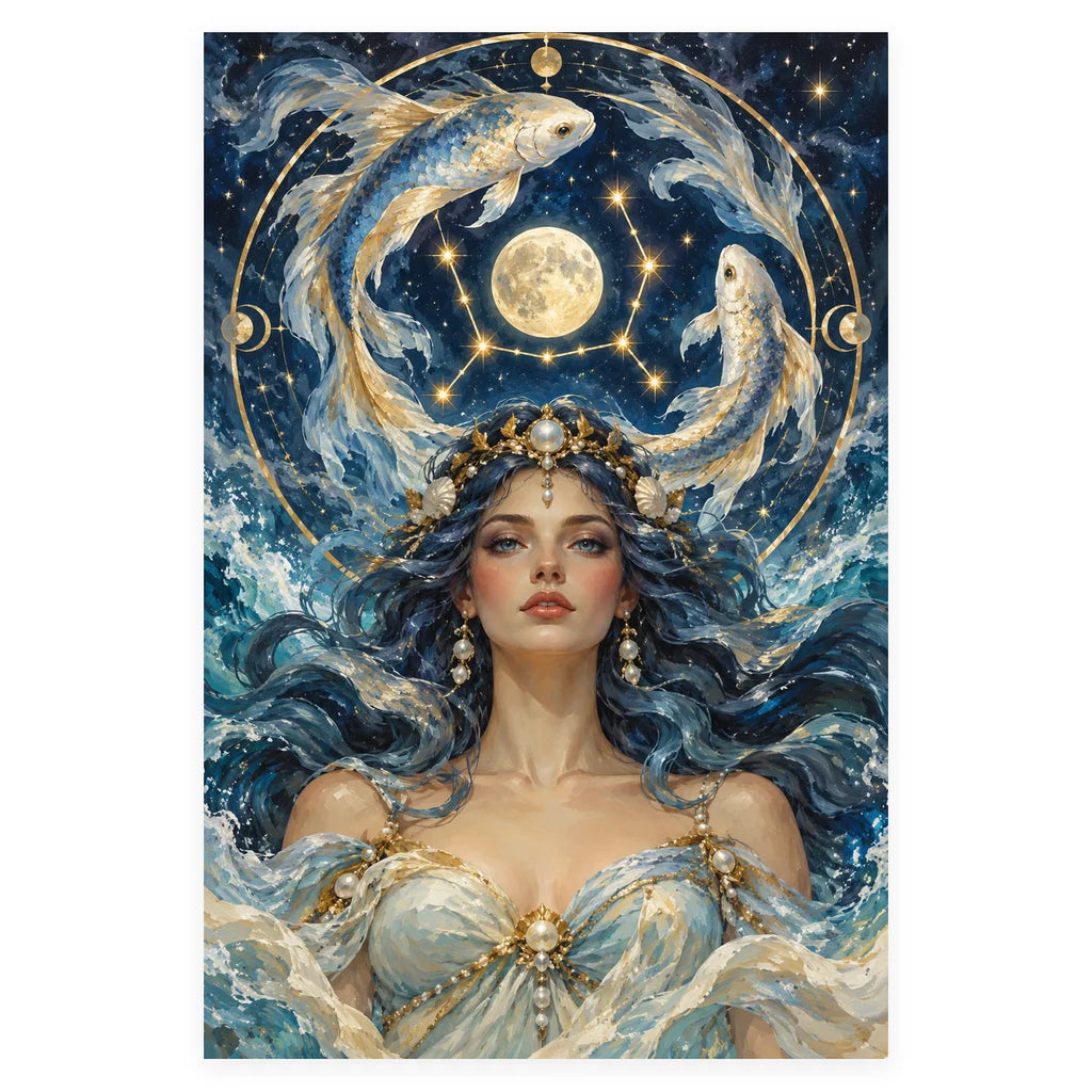 A Pisces woman beneath a full moon and golden constellation arch, with two pale koi circling above her. Complete original artwork centered on a white square with original proportions preserved.