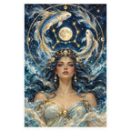 A Pisces woman beneath a full moon and golden constellation arch, with two pale koi circling above her. Complete original artwork centered on a white square with original proportions preserved.