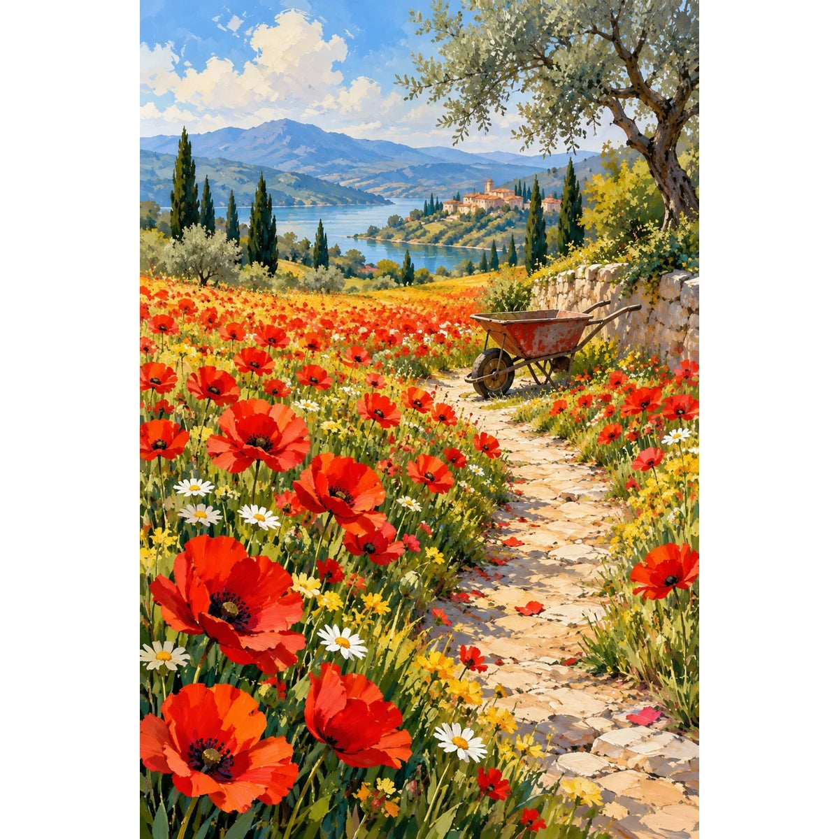 Completed Poppy Field Red Wheelbarrow artwork with bright poppies, a stone path, rustic garden cart, and distant hills on a clean white background